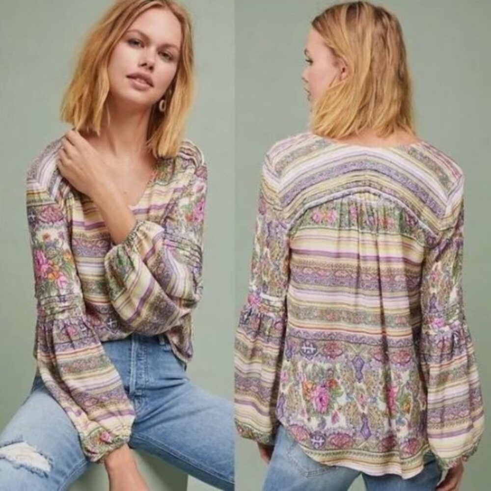 $98 Maeve by Anthropologie Multicolored Ceresco Floral Peasant Blouse XS
